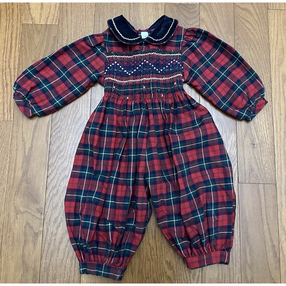 Vintage Lord & Taylor Small Creations‎ Romper Holiday Red Plaid Girls Baby 9 mos